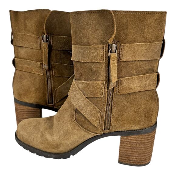 Clarks Malvet Doris Brown Suede Boots 8.5 Moto Buckle Stacked Heel Ankle Fall - Picture 5 of 7